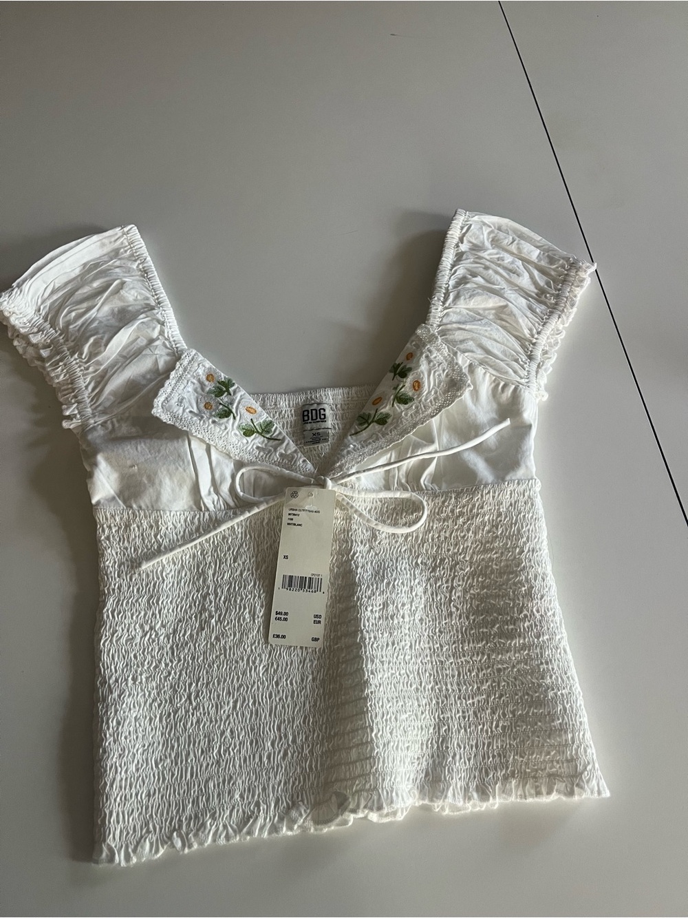 BDG White Smocked Camisole with Embroidered Floral Trim
